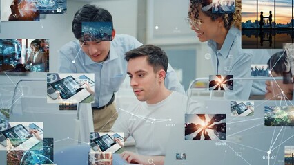 Poster - Multinational group working in office and digital content images. video creator.