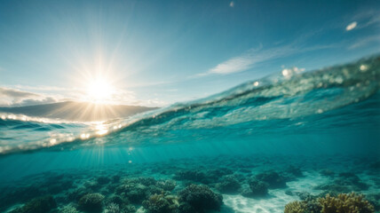 Wall Mural - Underwater view of sea water surface with sun rays and blue sky. High quality photo