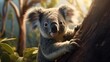 Koala stretching on a tree, emphasizing the distinct patterns of its paw prints  -Generative Ai
