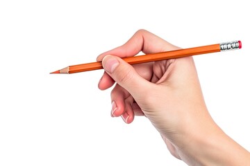 standard wooden pencil with an orange body and a sharpened point being held by a hand against a white background