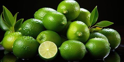 stack of fresh green lemons with clear water droplets effect. generative AI