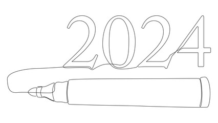 Poster - One continuous line of number 2024 written by with felt tip pen. Thin Line Illustration vector concept. Contour Drawing Creative ideas.