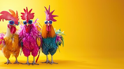 Wall Mural - Creative animal concept. Rooster bird in a group, vibrant bright fashionable outfits isolated on solid background advertisement, copy text space. birthday party invite invitation banner