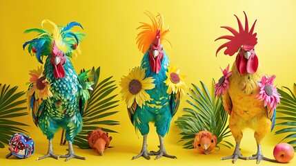 Wall Mural - Creative animal concept. Rooster bird in a group, vibrant bright fashionable outfits isolated on solid background advertisement, copy text space. birthday party invite invitation banner