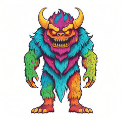  Mystical full body angry monster character standing facing forward. Graphic design for mascot, t shirt, banner, cover, tattoo. Digital asset ready to print.