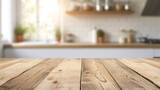Fototapeta Las - Empty beautiful wood table top counter and blur bokeh modern kitchen interior background in clean and bright