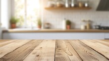 Empty Beautiful Wood Table Top Counter And Blur Bokeh Modern Kitchen Interior Background In Clean And Bright