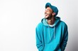 Man in Blue Hoodie Laughing, Joyful Expression in Casual Attire