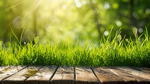Green Spring Background Panorama With Grass In Front Of A Wooden Table For A Concept