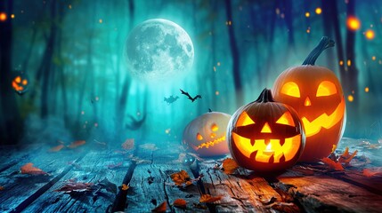 Halloween Pumpkins on wood. Halloween Background At Night Forest with Moon