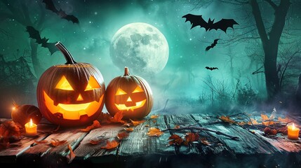 Wall Mural - Halloween Pumpkins on wood. Halloween Background At Night Forest with Moon