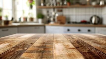 Wall Mural - Natural pattern wood table top (or kitchen island) on blur kitchen interior background - can be used for display or montage your products