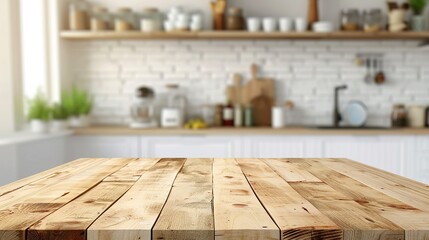 Wall Mural - Natural pattern wood table top (or kitchen island) on blur kitchen interior background - can be used for display or montage your products