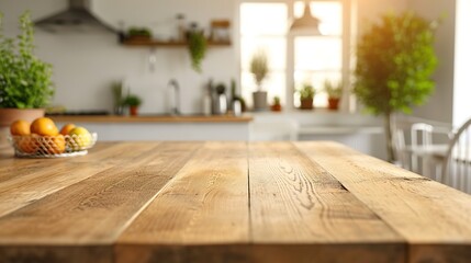 Wall Mural - Selective focus on wooden kitchen island. empty dining table with copy space for display products