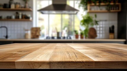 Wall Mural - Selective focus on wooden kitchen island. empty dining table with copy space for display products