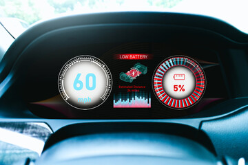 Wall Mural - Low battery warning light on instrument panel of EV electric vehicle, Electric car technology concept