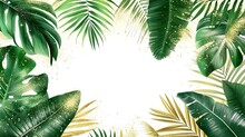 Tropical Banner Arranged From Exotic And Golden Glitter Leaves. Paradise Plants, Greenery And Palm Card. Stylish Fashion Frame. Sunset Light. Wedding Design. 