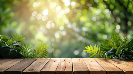 Wood table top on blur abstract green from garden in the morning background. For montage product display or design key visual layout