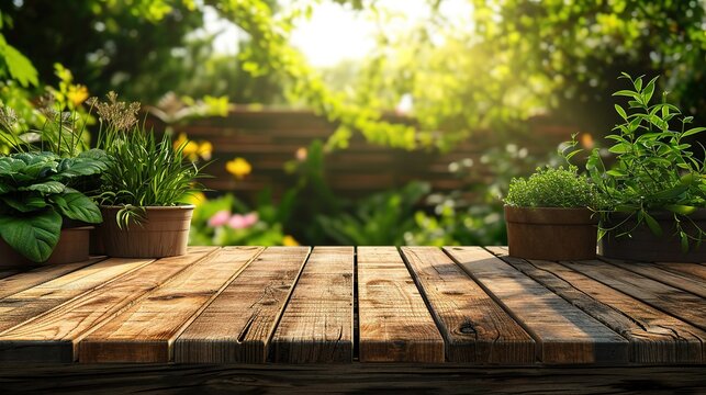 Wooden table in garden and summer time. Free space for your decoration