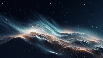 Wall Mural - Dynamic wave of glowing particles. Digital technology background. Sparkling bright particles fly in space. Flickering particles with bokeh effect. 3d rendering.. 3d render and snow png like style