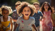 Group of diverse cheerful fun happy multiethnic children outdoors at the schoolyard