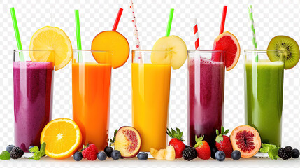 Freshly pressed Fruit vegetable juice smoothie with fruits veggie toppings on transparent background cutout. PNG file. Many assorted different flavour. Mockup template for artwork design