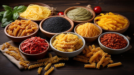 different kinds of pasta on grey wooden table