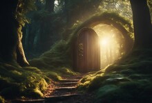 Fantasy Enchanted Fairy Tale Forest With Magical Opening Secret Door And Mystical Shine Light Outsid