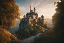 Old Fairytale Castle On The Hill Fantasy Landscape Illustration