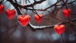 heart-shaped ornaments hanging from a tree branch on Valentine's Day