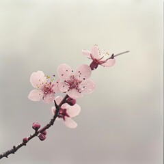 Wall Mural - Solitary cherry blossom branch against a soft spring sky