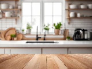 Sticker - Wooden table on blurred kitchen bench background. Empty wooden table and blurred kitchen background