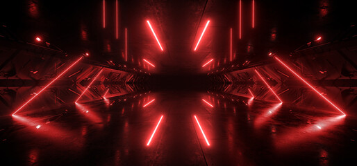 Wall Mural - Alien Futuristic Garage Studio Showroom Tunnel Corridor Neon Lasers Glow VIbrant Red Glossy Dark Nights Cyber Empty Stage 3D Rendering