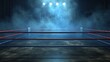 Empty professional boxing ring in the dark, illuminated spotlight.