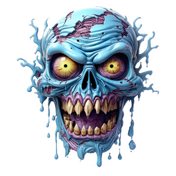 3D scary zombie head character, with transparent background, for use on t-shirts or posters. Ai generated Images