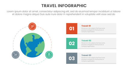 travel holiday infographic with 3 point stage template with globe and circular point around for slide presentation