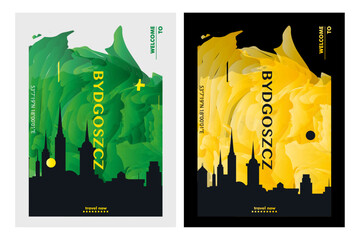 Bydgoszcz city poster pack with abstract skyline, cityscape, landmark and attraction. Poland town travel vector illustration layout set for vertical brochure, website, flyer, presentation