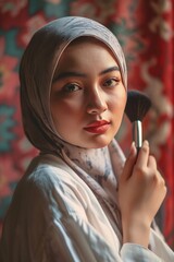 Wall Mural - malay woman age 20 years old with hijab hold make up