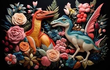 Wall Mural - fabric stumpwork embroidery of dinosaur on forest and flowers, fantasy on  dark background. Hight detailed fabric stumpwork embroidery.