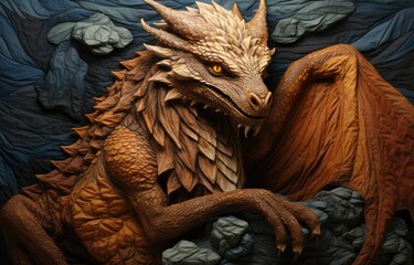 Wall Mural - fabric stumpwork embroidery of Dragon, fantasy on  dark background. Hight detailed fabric stumpwork embroidery.