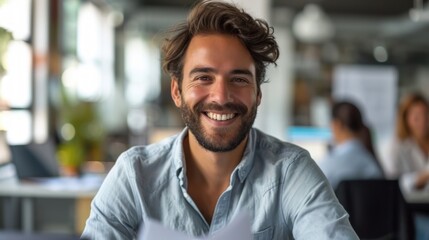 Poster - Photo concept of a man in an office cubicle, smiling confidently while working on paperwork and interacting with colleagues Generative AI