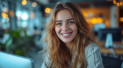 Leinwandbilder - Realistic photo concept of a woman in an office, sitting at a desk with a bright smile while working on a computer Generative AI
