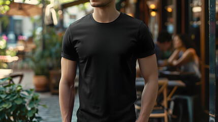 Poster - Young Model Shirt Mockup man wearing black tshirt in coffee shop in daylight Shirt Mockup Templat