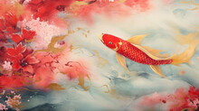 Asian Background , Oriental Japanese Style Abstract Pattern Background Design With Koi Fish Turn Into Dragon Decorate In Water Color Texture, Gold And Rose Pink Red Colours. New Year 2024 Concept