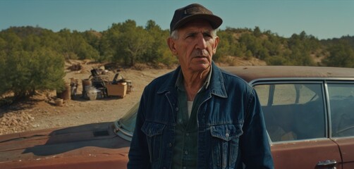  an older man standing in front of a car in a dirt field with trees in the background and a truck in the foreground.