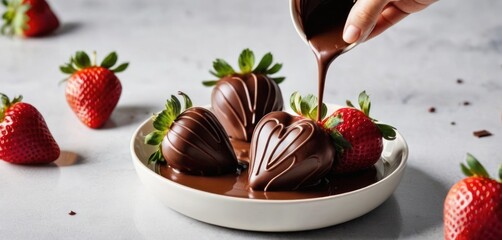  a plate of chocolate covered strawberries being drizzled with a chocolate sauce with strawberries on the side.