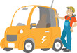 小型電気自動車のそばに立つ女性のイラスト