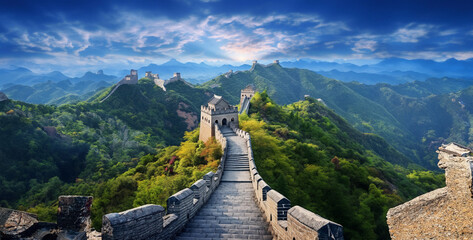 Wall Mural - graphic illustration of Great Wall China realis, panorama of the mountains