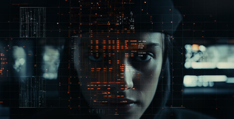 Wall Mural - Futuristic interface. Portrait of futuristic woman looking at camera while standing in modern office, Cyber attack concept with hacker and binary code. 3d rendering