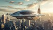 Vehículo aéreo futurista sobrevolando un paisaje urbano al atardecer
